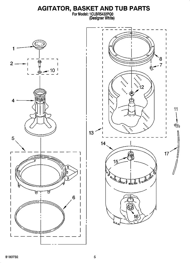 AGITATOR, BASKET AND TUB PARTS Diagram and Parts List for 1CLBR5432PQ0  Whirlpool Washer