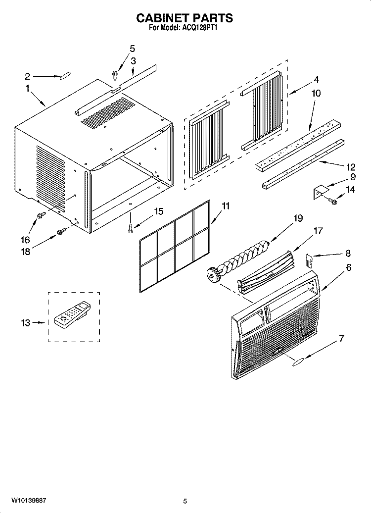 CABINET PARTS Diagram and Parts List for ACQ128PT1  Whirlpool Air Conditioner