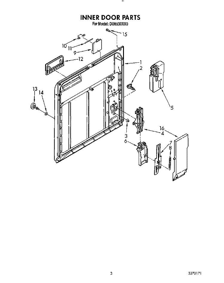 INNER DOOR Diagram and Parts List for DU8530XX0  Whirlpool Dishwasher