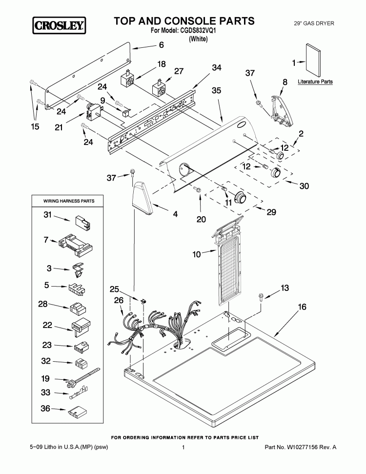 TOP AND CONSOLE PARTS Diagram and Parts List for CGDS832VQ1  Crosley Dryer