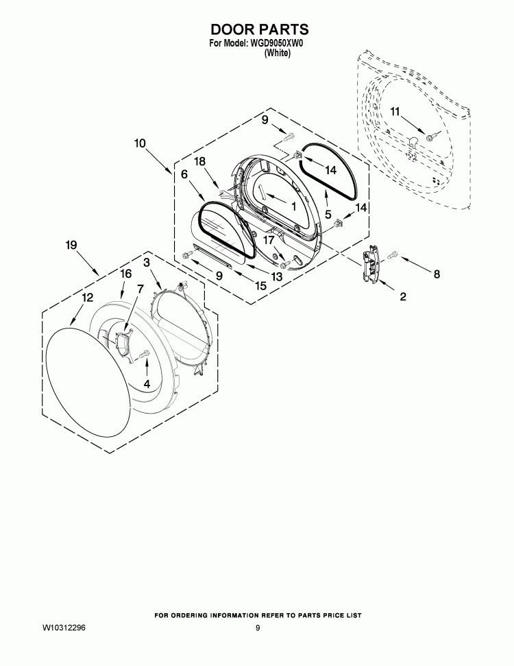 DOOR PARTS Diagram and Parts List for WGD9050XW0  Whirlpool Dryer