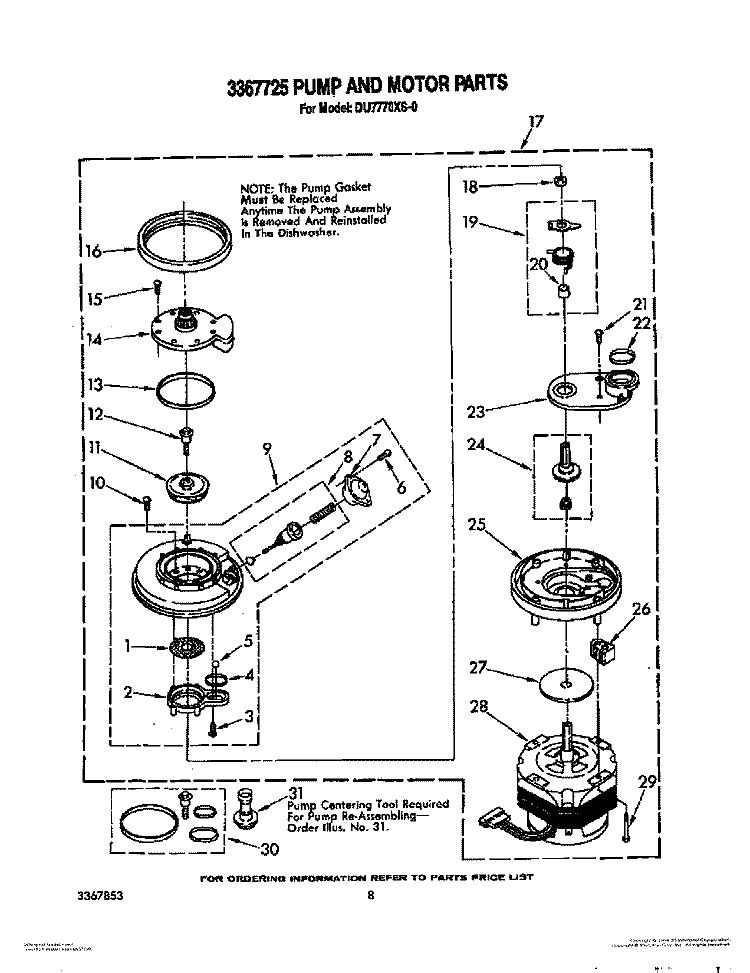 3367725 PUMP AND MOTOR Diagram and Parts List for DU7770XS0  Whirlpool Dishwasher