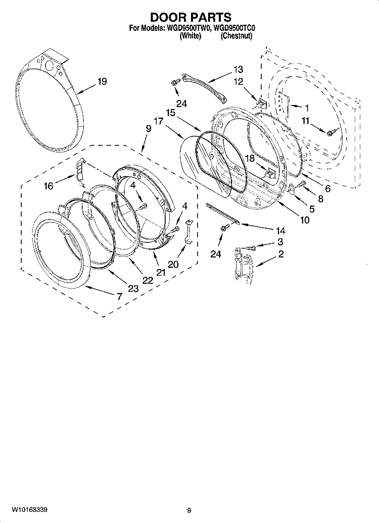 DOOR PARTS, OPTIONAL PARTS (NOT INCLUDED) Diagram and Parts List for WGD9500TC0  Whirlpool Dryer