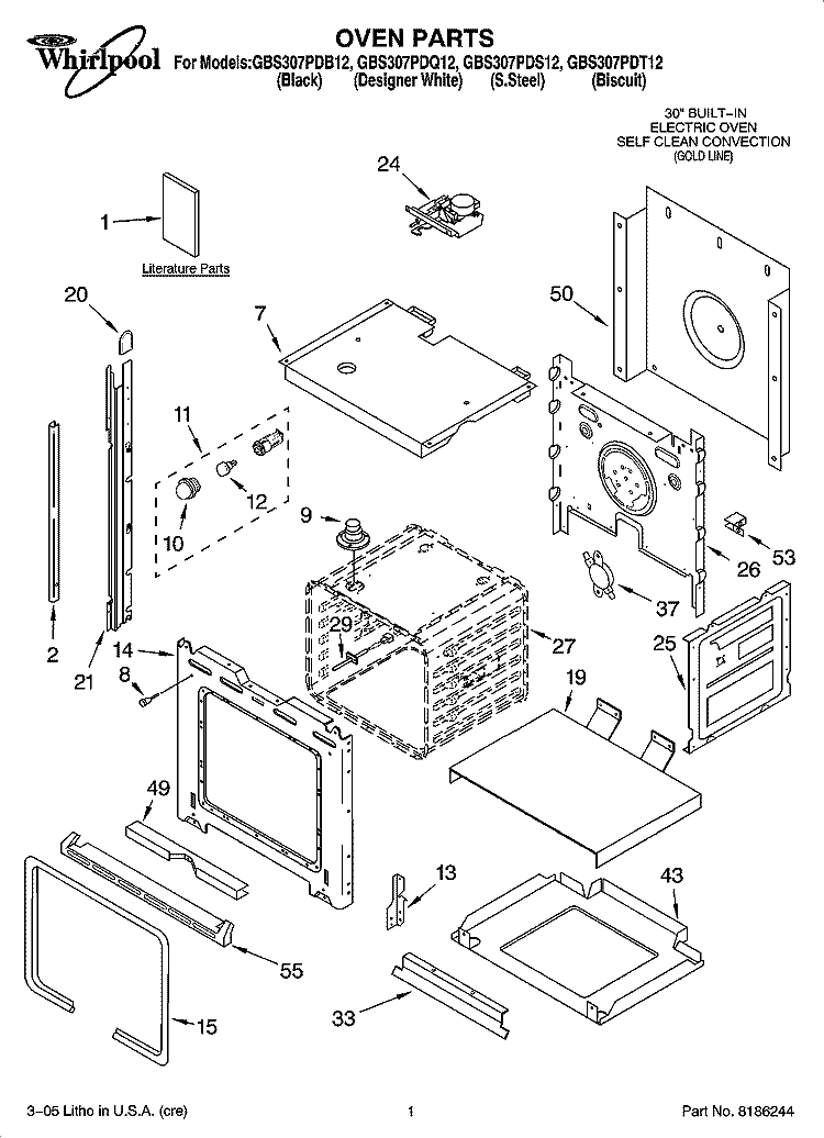 OVEN PARTS Diagram and Parts List for GBS307PDS12  Whirlpool Wall Oven