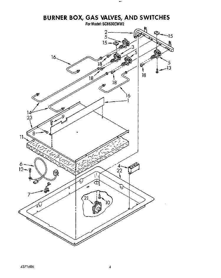BURNER BOX, GAS VALVES, AND SWITCHES Diagram and Parts List for SC8630EWW2  Whirlpool Cooktop