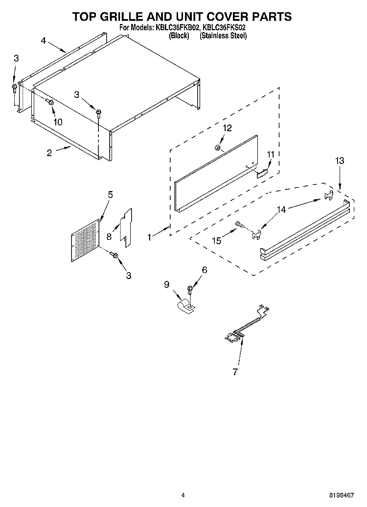 TOP GRILLE AND UNIT COVER PARTS Diagram and Parts List for KBLC36FKB02  KitchenAid Refrigerator