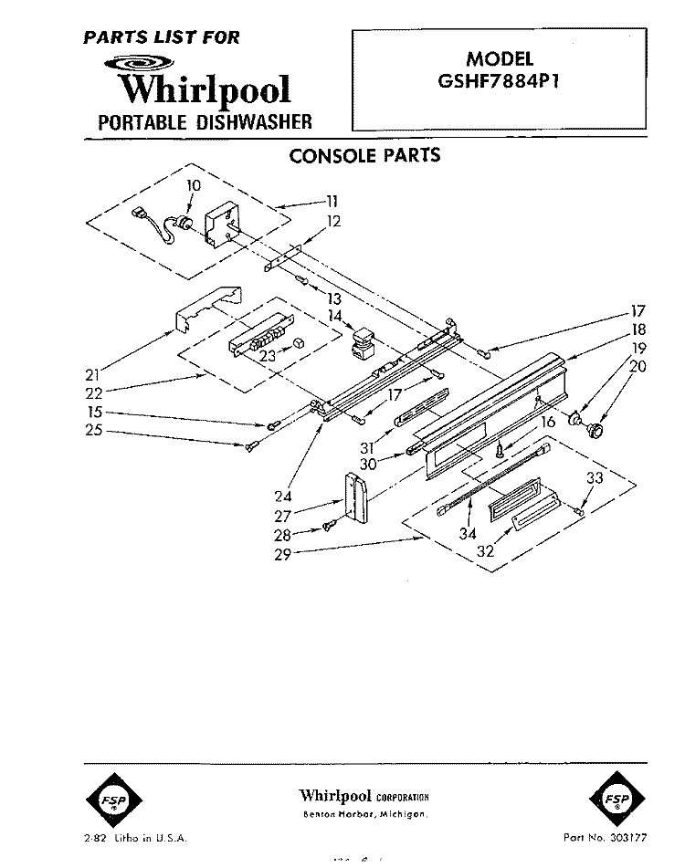 CONSOLE Diagram and Parts List for GSHF7884P1  Whirlpool Dishwasher