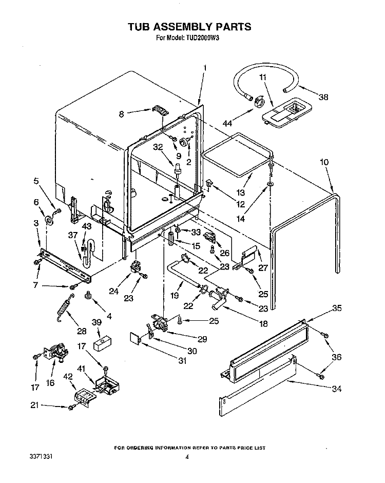TUB ASSEMBLY Diagram and Parts List for TUD2000W3  Whirlpool Dishwasher
