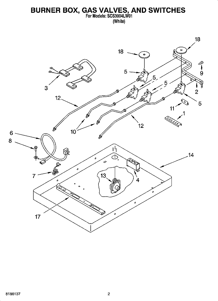 BURNER BOX, GAS VALVES, AND SWITCHES Diagram and Parts List for SCS3004LW01  Whirlpool Cooktop
