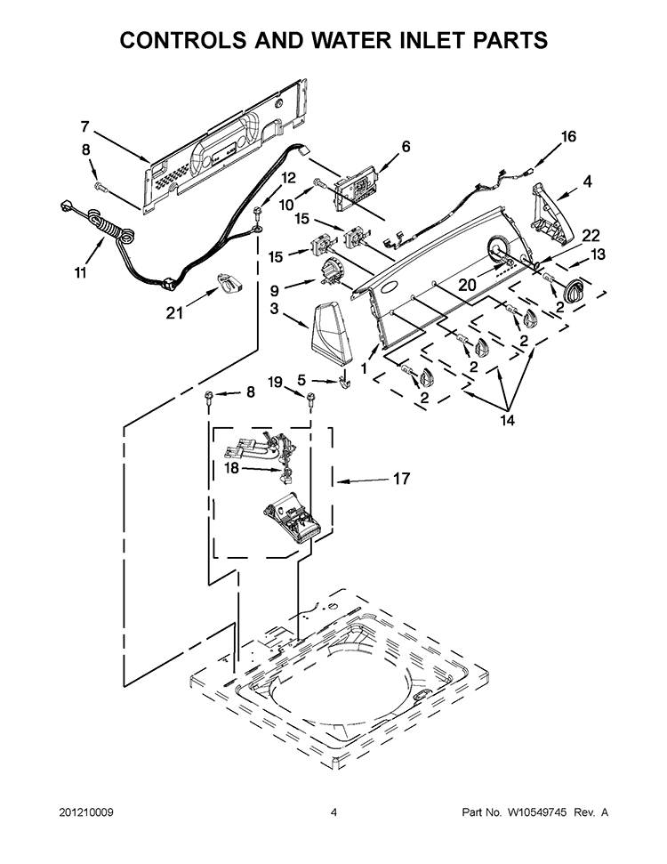 CONTROLS AND WATER INLET PARTS Diagram and Parts List for 7MWTW1606AW1  Whirlpool Washer