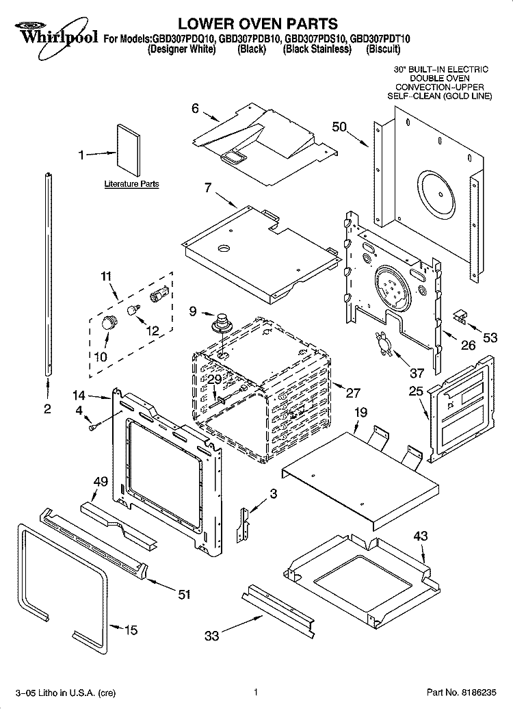 LOWER OVEN PARTS Diagram and Parts List for GBD307PDS10  Whirlpool Wall Oven