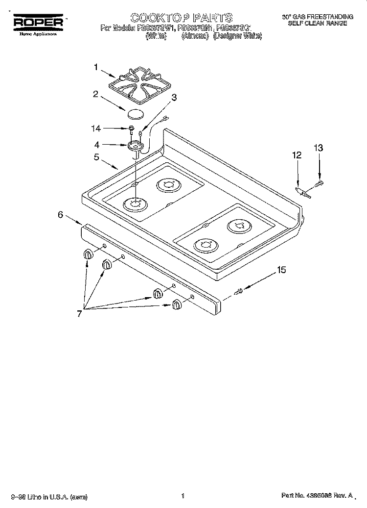 COOKTOP Diagram and Parts List for FGS337GN1  Roper Range