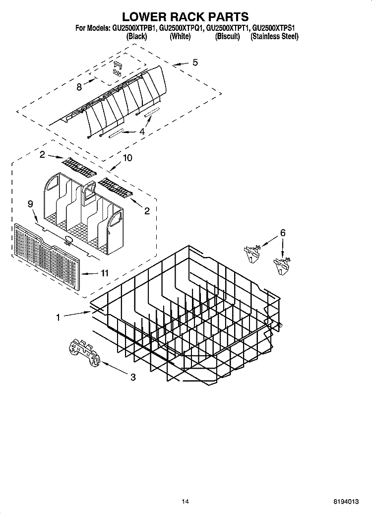 LOWER RACK PARTS Diagram and Parts List for GU2500XTPT1  Whirlpool Dishwasher