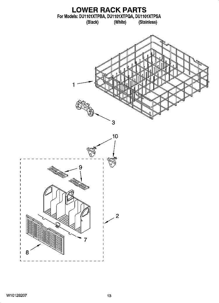 LOWER RACK PARTS, OPTIONAL PARTS (NOT INCLUDED) Diagram and Parts List for DU1101XTPSA  Whirlpool Dishwasher