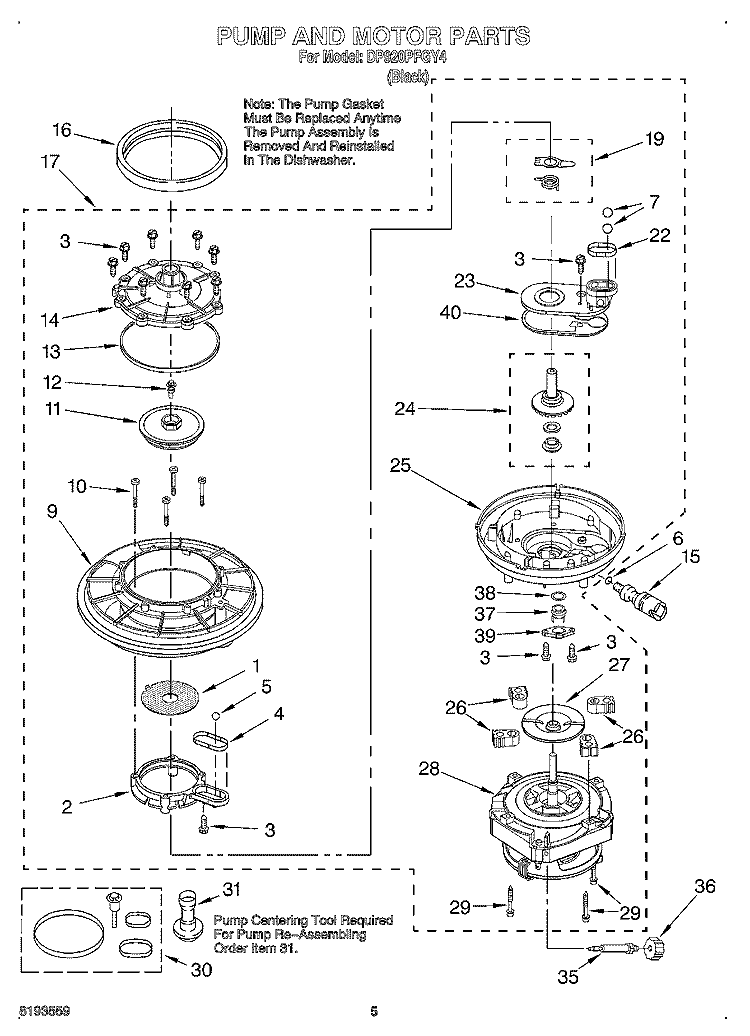 PUMP AND MOTOR Diagram and Parts List for DP920PFGY4  Whirlpool Dishwasher