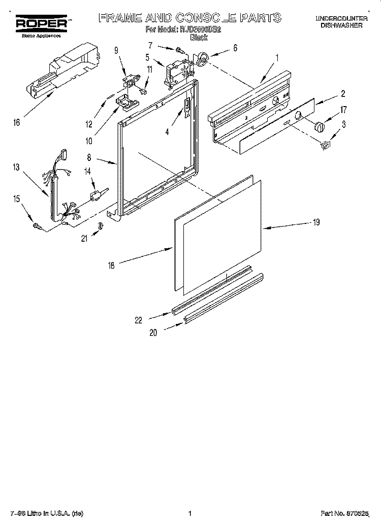 FRAME AND CONSOLE Diagram and Parts List for RUD3006DB2  Roper Dishwasher