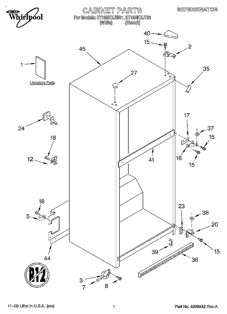 CABINET, LITERATURE Diagram and Parts List for ET18NKXJW01  Whirlpool Refrigerator