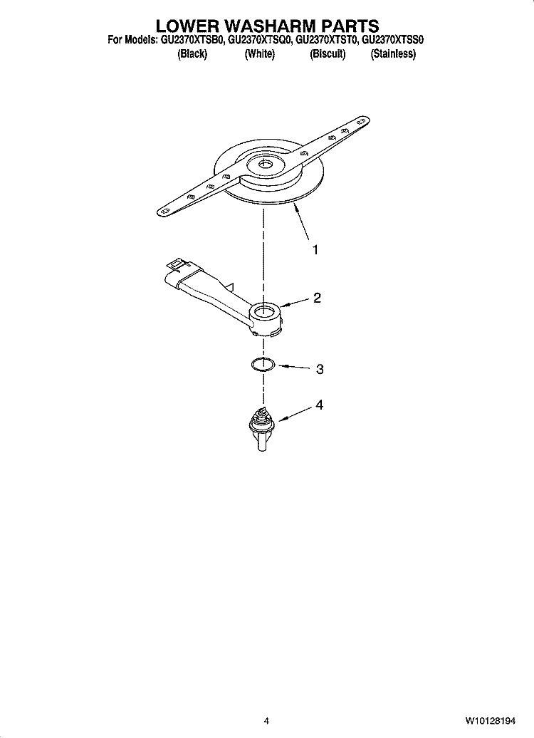 LOWER WASHARM PARTS Diagram and Parts List for GU2370XTST0  Whirlpool Dishwasher