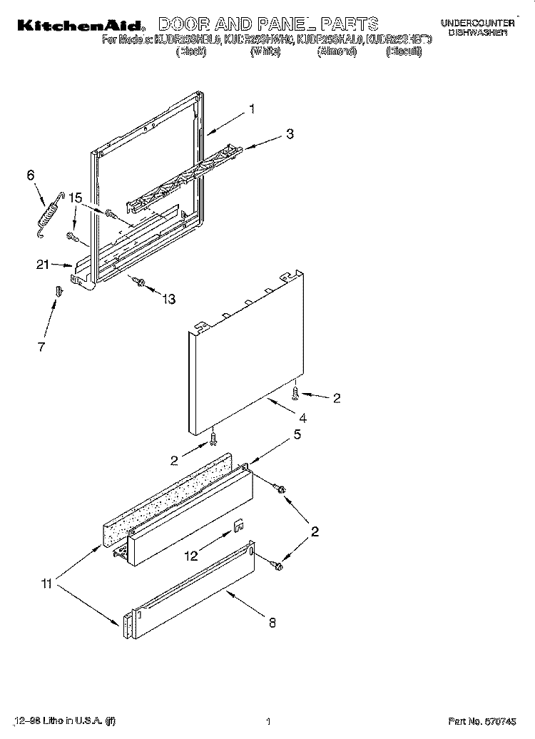 DOOR AND PANEL Diagram and Parts List for KUDR25SHBT0  KitchenAid Dishwasher