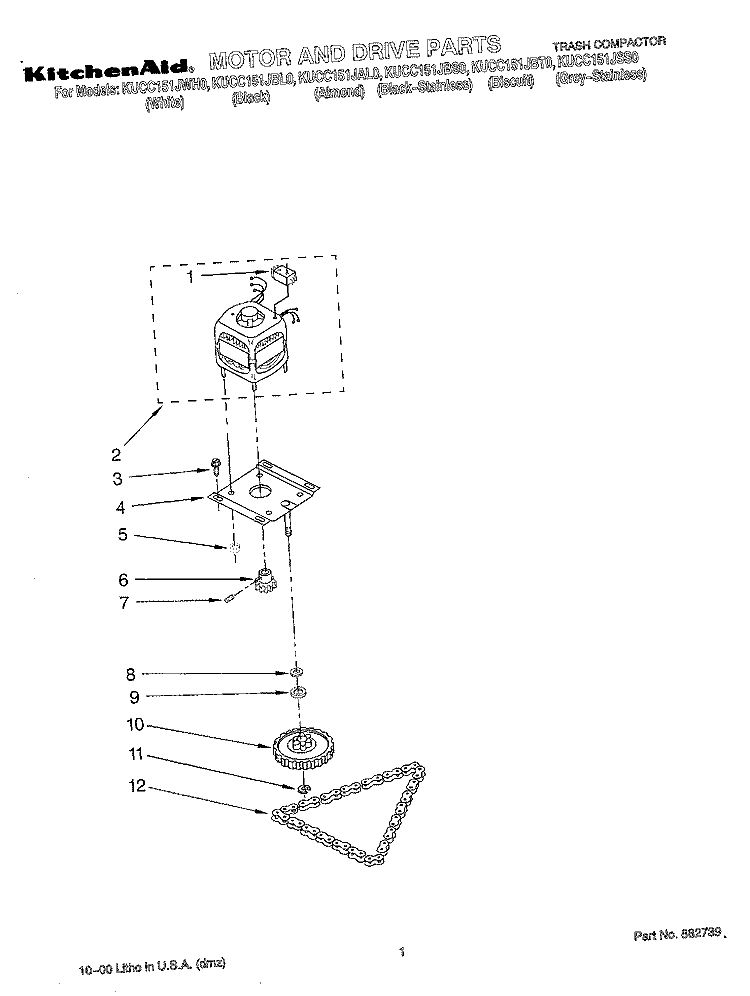 MOTOR AND DRIVE, LITERATURE Diagram and Parts List for KUCC151JSS0  KitchenAid Trash Compactor