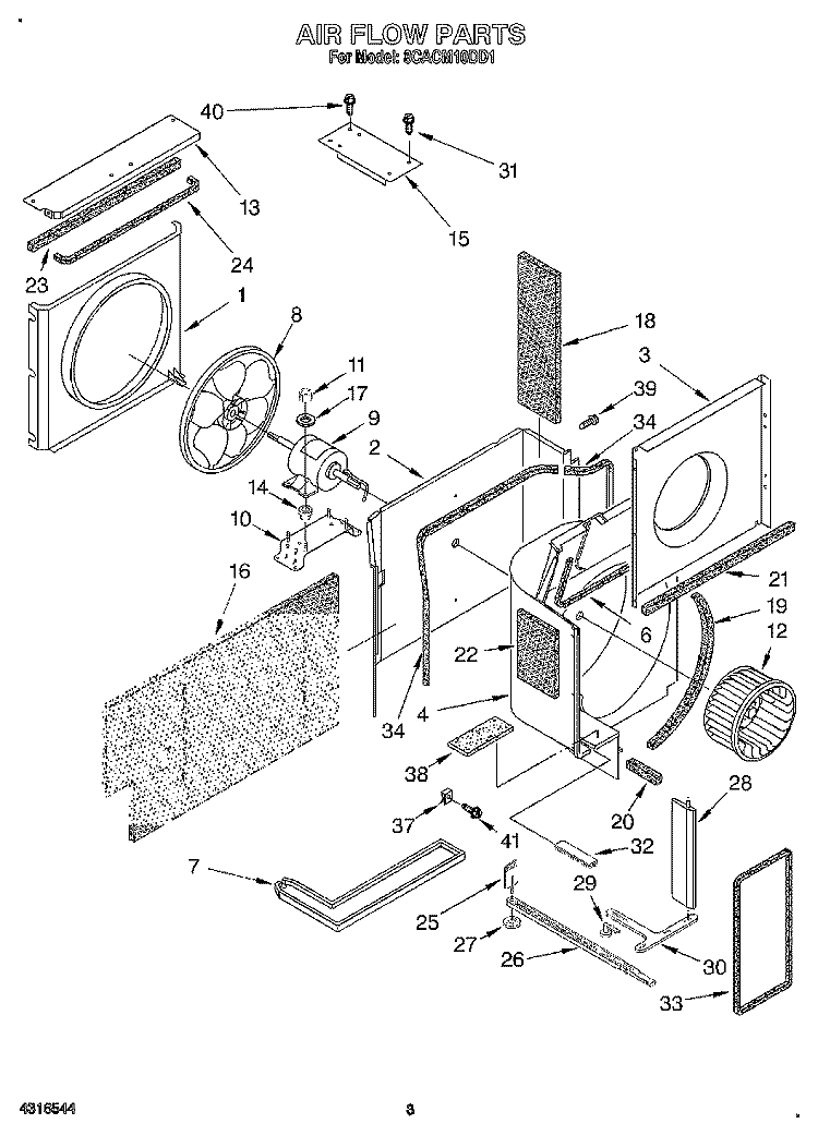 AIR FLOW Diagram and Parts List for 8CACM10DD1  Whirlpool Air Conditioner
