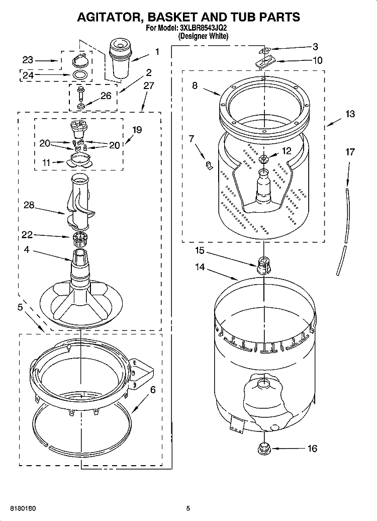AGITATOR, BASKET AND TUB PARTS Diagram and Parts List for 3XLBR8543JQ2  Whirlpool Washer
