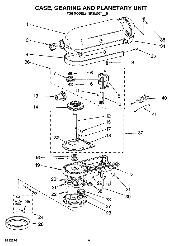 CASE, GEARING AND PLANETARY UNIT Diagram and Parts List for 8KSM90TWH0  KitchenAid Mixer