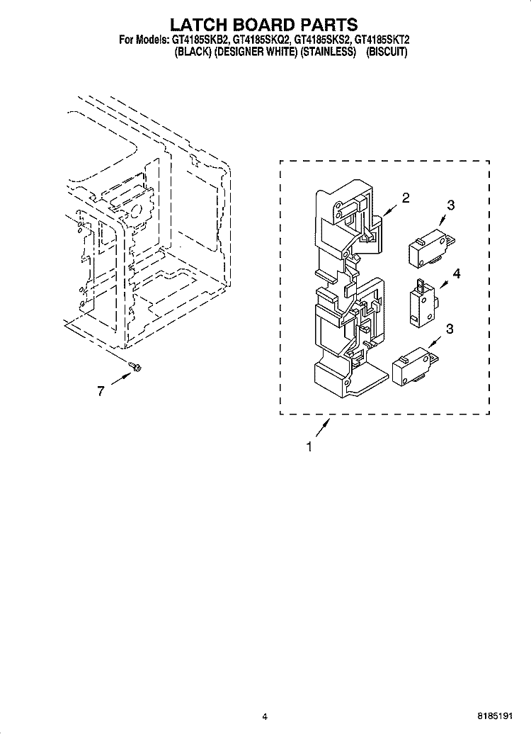 LATCH BOARD PARTS Diagram and Parts List for GT4185SKB2  Whirlpool Microwave