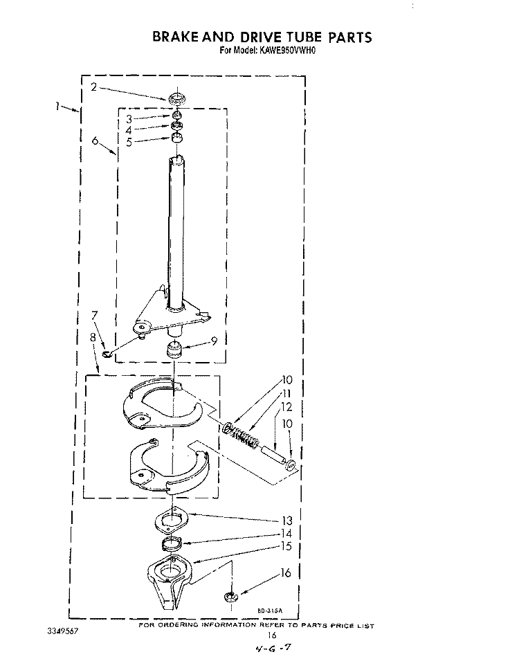 BRAKE AND DRIVE TUBE Diagram and Parts List for KAWE950VAL0  KitchenAid Washer