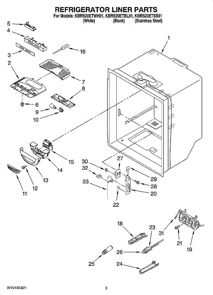 REFRIGERATOR LINER PARTS Diagram and Parts List for KBRS20ETWH01  KitchenAid Refrigerator