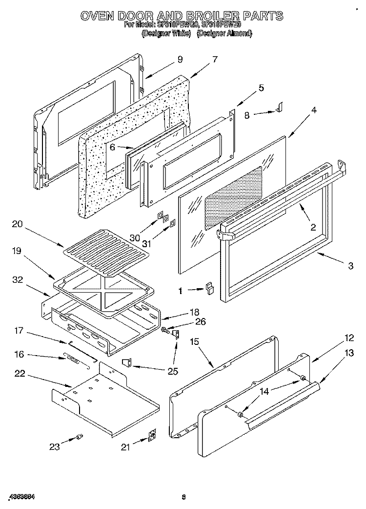 OVEN DOOR AND BROILER Diagram and Parts List for SF318PEWZ0  Whirlpool Range