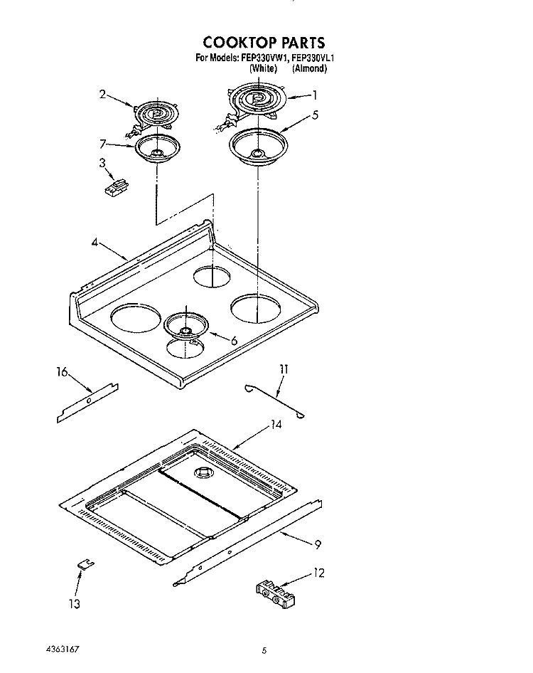 COOKTOP Diagram and Parts List for FEP330VL1  Whirlpool Range