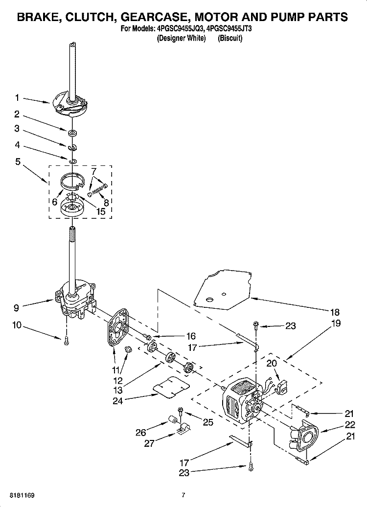 BRAKE, CLUTCH, GEARCASE, MOTOR AND PUMP PARTS Diagram and Parts List for 4PGSC9455JQ3  Whirlpool Washer