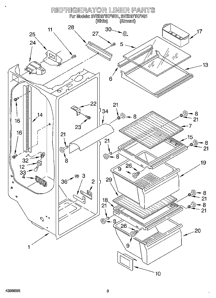REFRIGERATOR LINER Diagram and Parts List for 2VED27TKFW01  Whirlpool Refrigerator