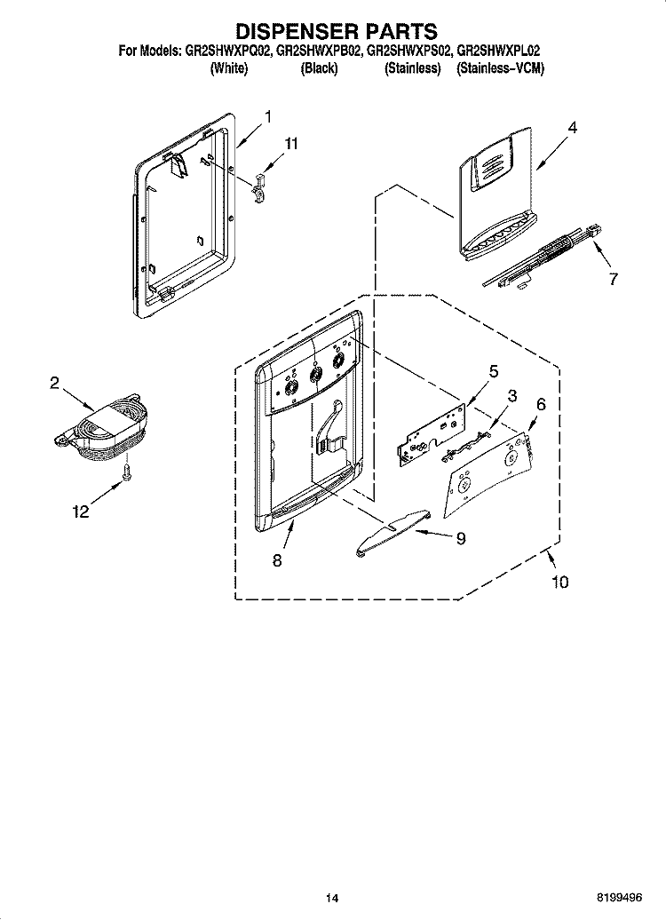 DISPENSER PARTS, OPTIONAL PARTS Diagram and Parts List for GR2SHWXPS02  Whirlpool Refrigerator