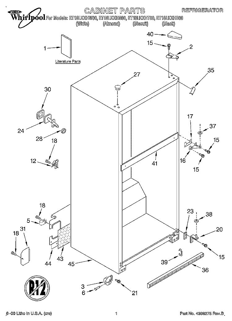 CABINET, LITERATURE Diagram and Parts List for ET18LKXHT00  Whirlpool Refrigerator