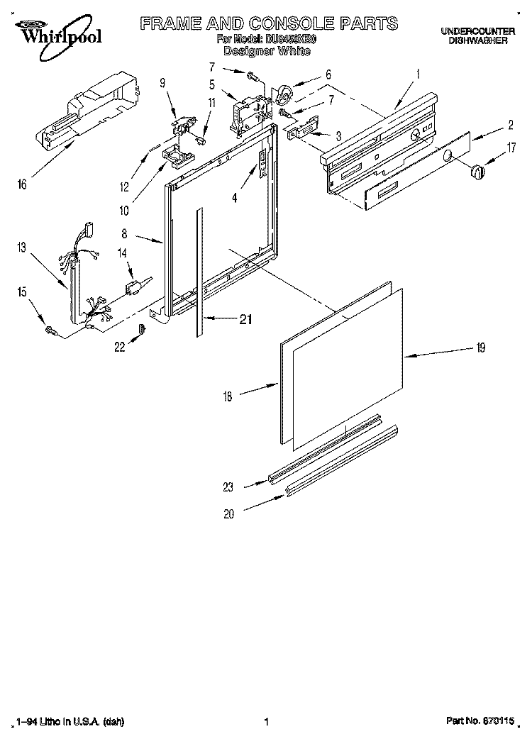 FRAME AND CONSOLE Diagram and Parts List for DU8450XB0  Whirlpool Dishwasher
