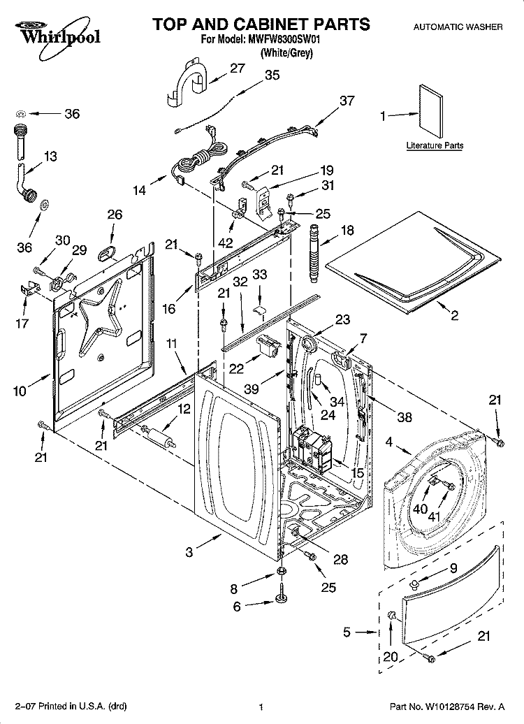 TOP AND CABINET PARTS Diagram and Parts List for MWFW8300SW01  Whirlpool Washer