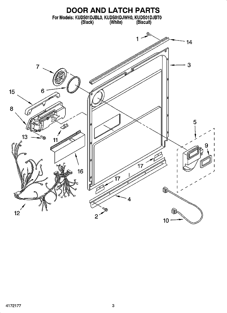 DOOR AND LATCH PARTS Diagram and Parts List for KUDS01DJBL0  KitchenAid Dishwasher