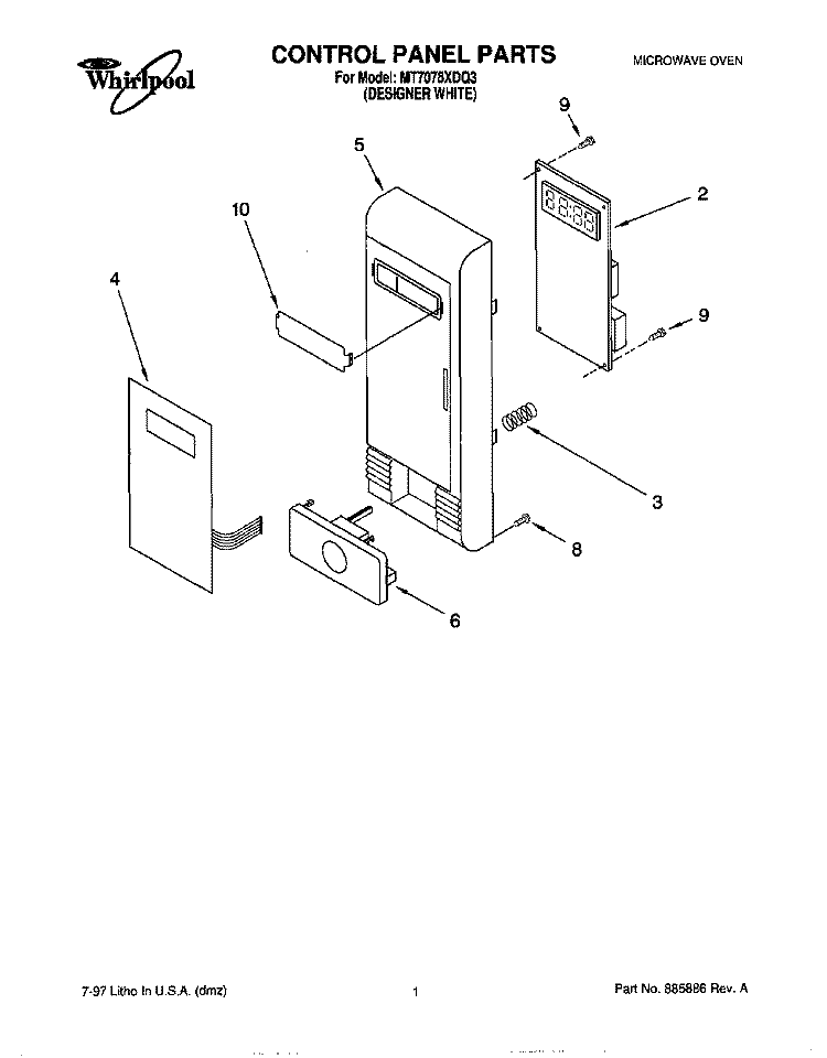 CONTROL PANEL Diagram and Parts List for MT7078XDQ3  Whirlpool Microwave
