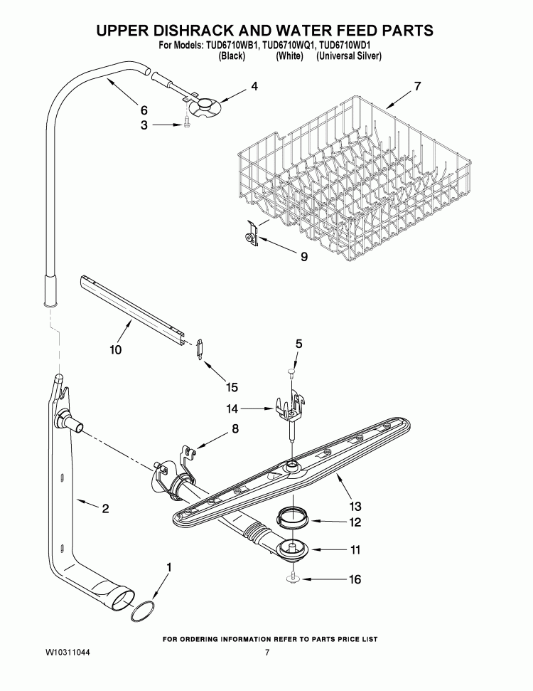 UPPER DISHRACK AND WATER FEED PARTS Diagram and Parts List for TUD6710WB1  Estate Dishwasher