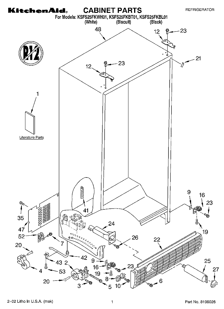 CABINET, LITERATURE Diagram and Parts List for KSFS25FKWH01  KitchenAid Refrigerator