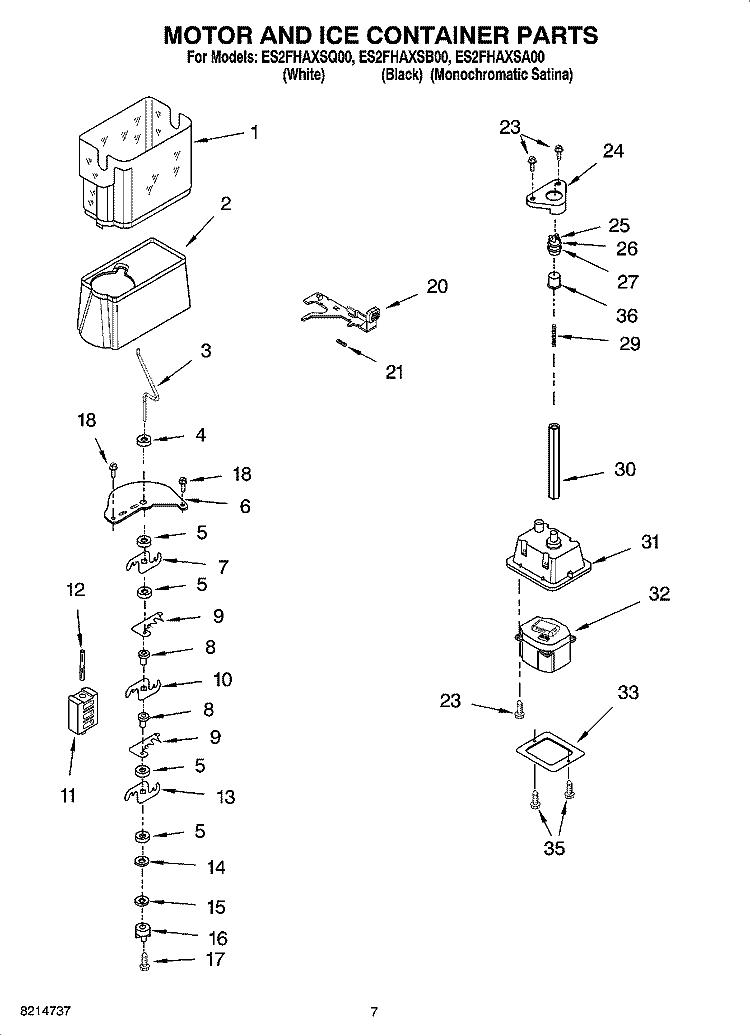MOTOR AND ICE CONTAINER PARTS Diagram and Parts List for ES2FHAXSQ00  Whirlpool Refrigerator