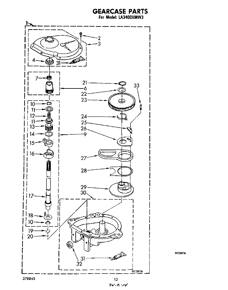 GEAR CASE PARTS Diagram and Parts List for LA3400XMW3  Whirlpool Washer