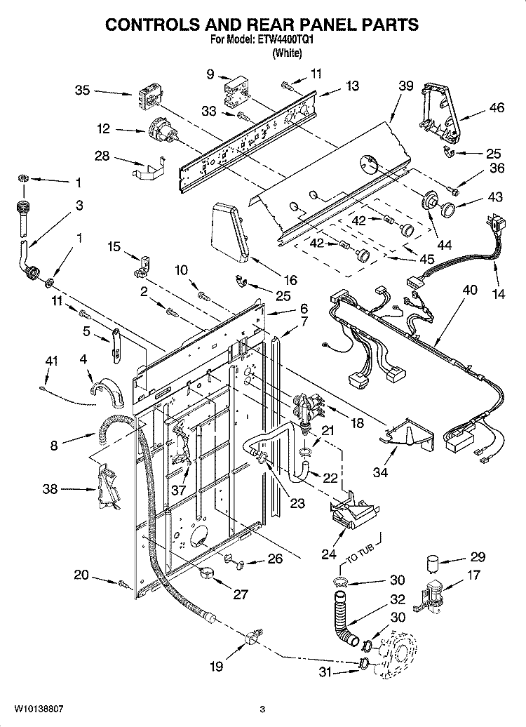 CONTROLS AND REAR PANEL PARTS Diagram and Parts List for ETW4400TQ1  Estate Washer