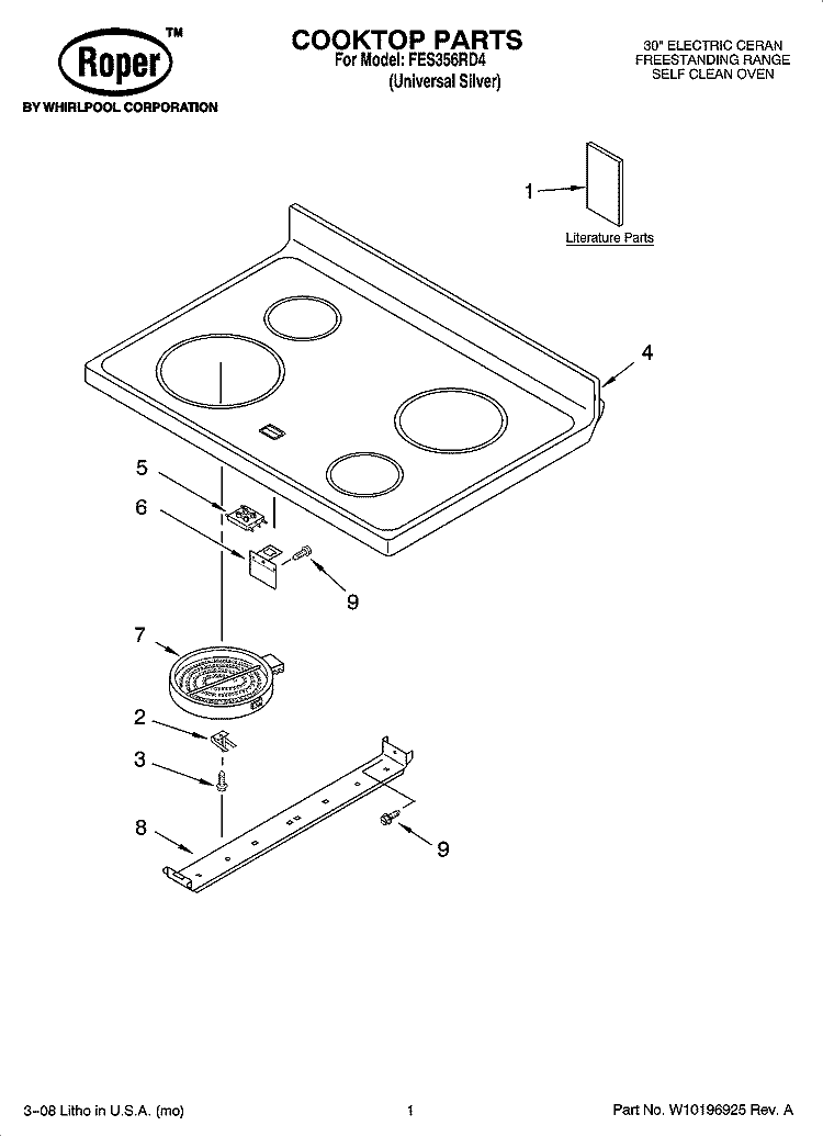 COOKTOP PARTS Diagram and Parts List for FES356RD4  Roper Range