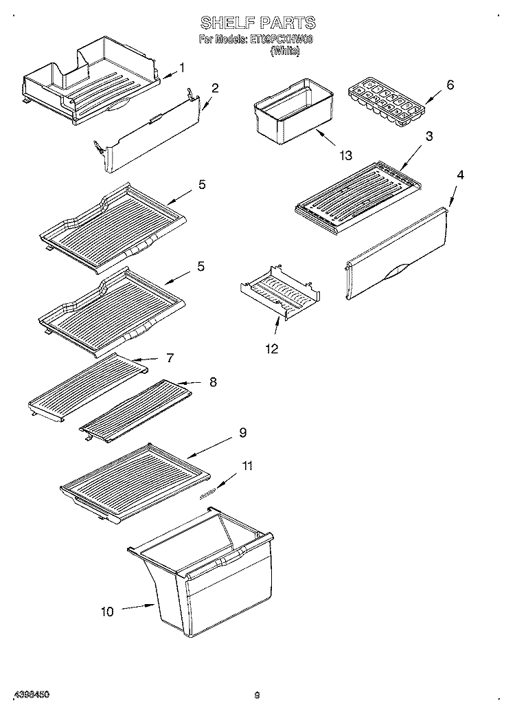 SHELF Diagram and Parts List for ET09PCXHW00  Whirlpool Refrigerator