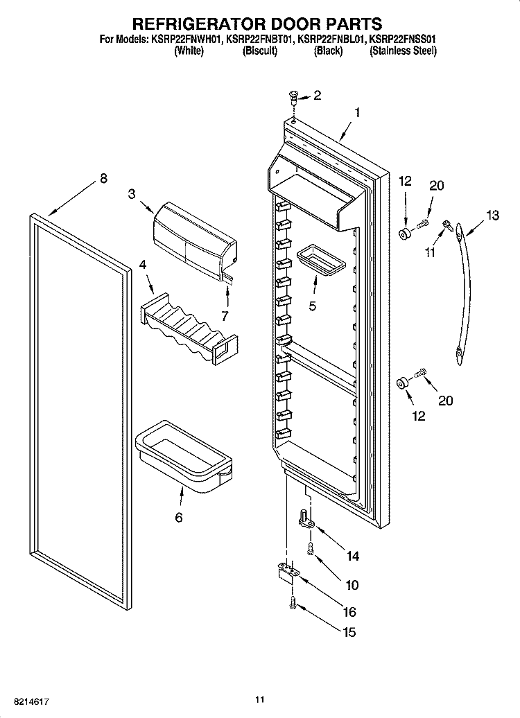 REFRIGERATOR DOOR PARTS Diagram and Parts List for KSRP22FNBL01  KitchenAid Refrigerator