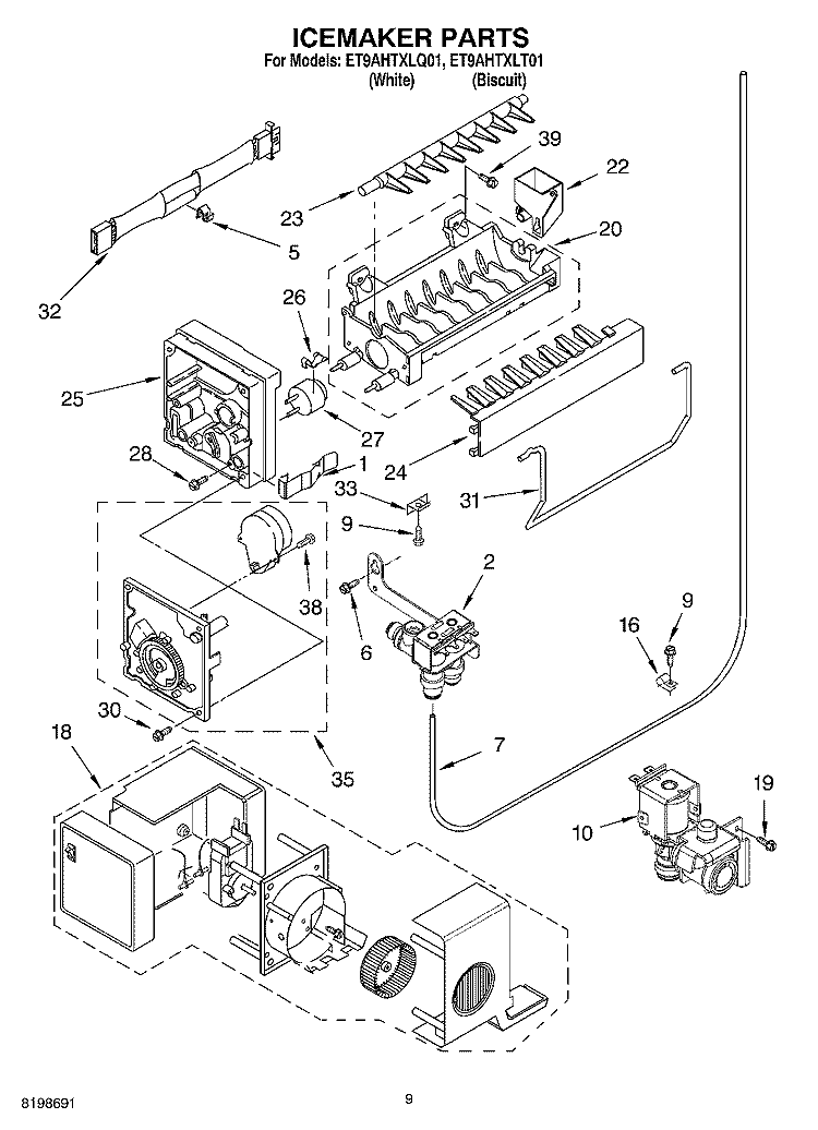 ICEMAKER PARTS Diagram and Parts List for ET9AHTXLT01  Whirlpool Refrigerator