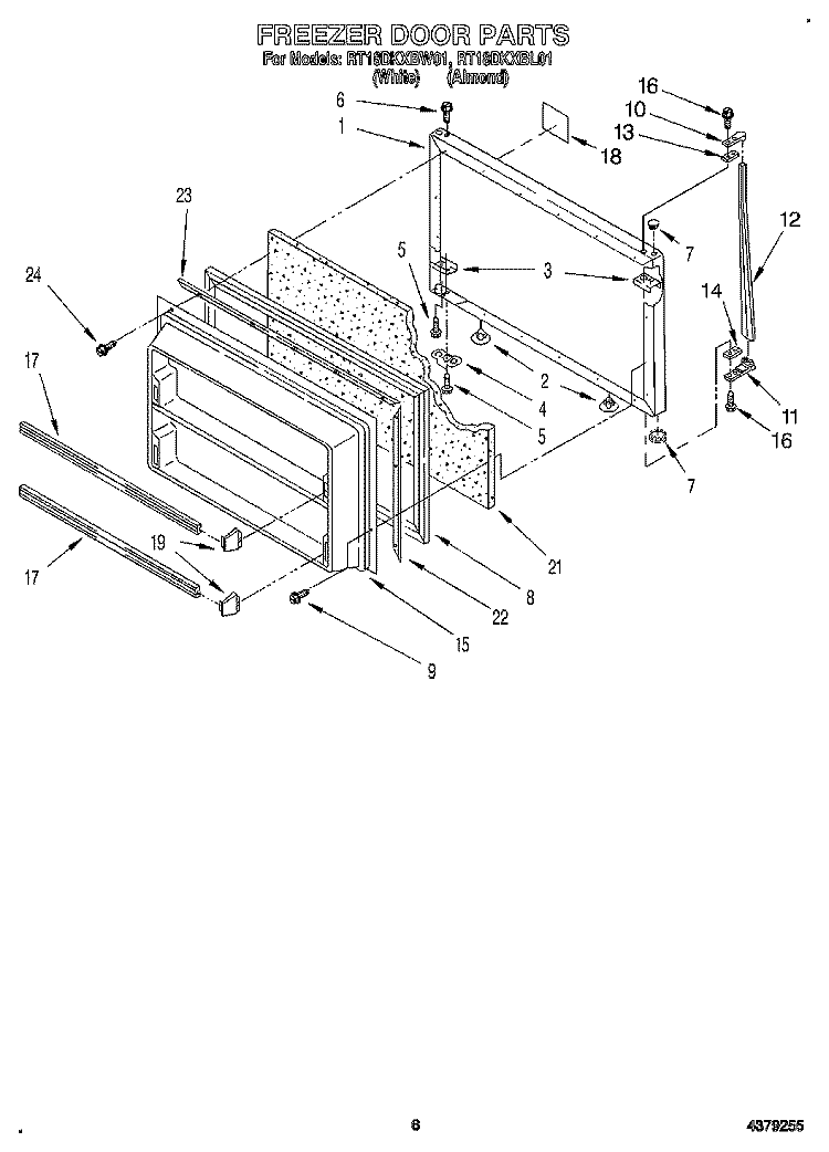 FREEZER DOOR Diagram and Parts List for RT18DKXBL01  Roper Refrigerator